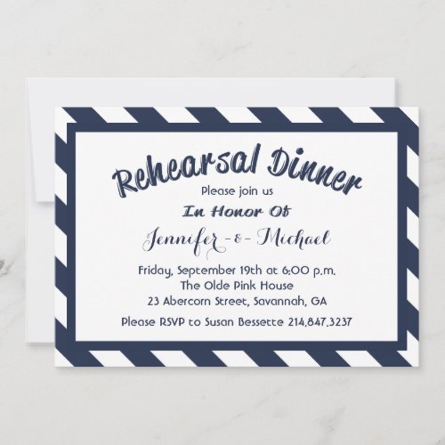 Nautical Rehearsal Dinner Navy Blue  White Stripe Invitation