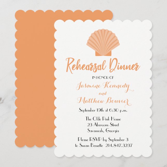 Nautical Rehearsal Dinner Orange Seashell Wedding Invitation (Front/Back)