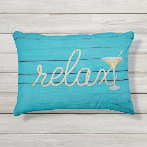 nautical relax rope on aqua wood with martini outdoor pillow