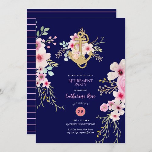 Nautical Retirement Invites Navy Blue Pink Floral