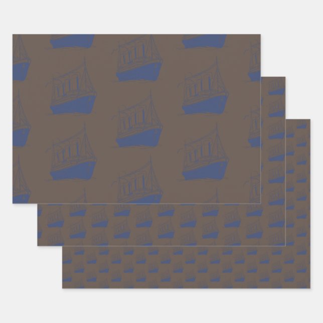 Nautical Retro Brown Navy Blue Ship Sailing Boat  Wrapping Paper Sheets (Set)