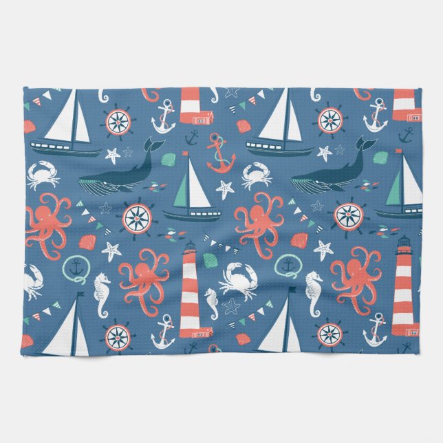 Nautical retro sailor girly pattern with anchors towel (Horizontal)