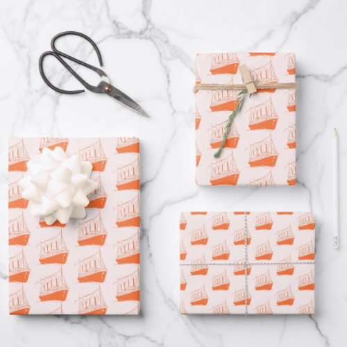 Nautical Retro Vintage Orange Ship Sailing Boat  Wrapping Paper Sheets