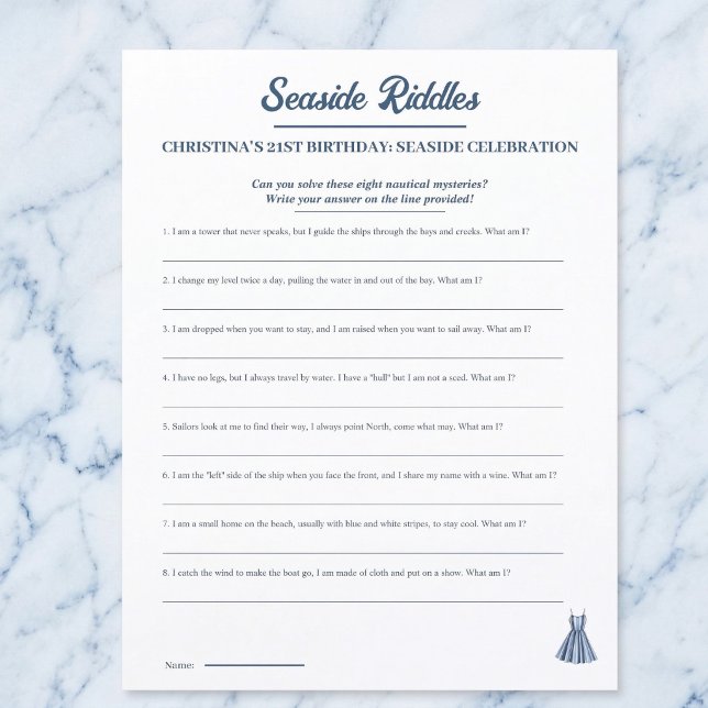 Nautical Riddles Birthday Party Game One Sheet (Seaside party riddles.)