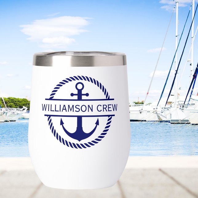 Nautical Rope & Anchor Monogram Crew  Thermal Wine Tumbler (Creator Uploaded)