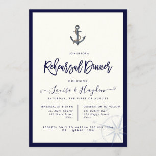 Nautical Rope Anchor Navy Blue Rehearsal Dinner Invitation