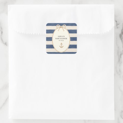 Nautical Rope Anchor Navy Stripe Baby Shower  Square Sticker