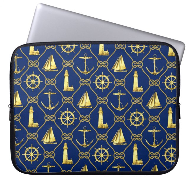 Nautical Rope Anchor Sailboat Navy Blue Gold Laptop Sleeve (Front)
