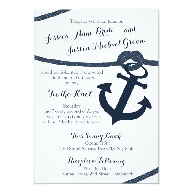 Nautical Rope And Anchor Dark Navy Wedding Invitation