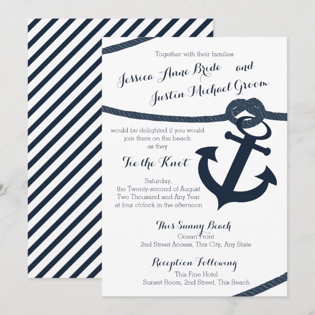 Nautical Rope and Anchor Dark Navy Wedding Invitation (Front/Back)