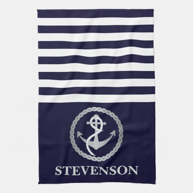Nautical Rope and Anchor Family Name Sailing Kitchen Towel (Vertical)