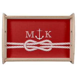 Nautical Rope and Anchor Monogram in Burgandy Serving Tray
