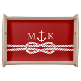Nautical Rope and Anchor Monogram in Burgandy Serving Tray