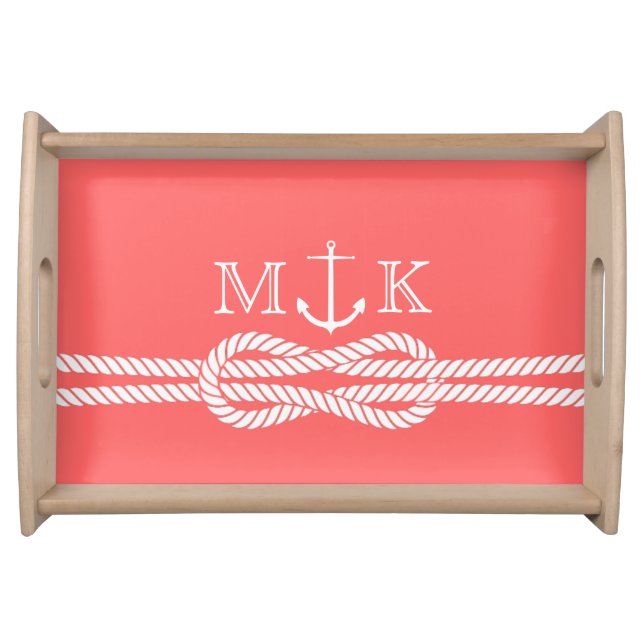 Nautical Rope and Anchor Monogram in Coral Serving Tray (Front)