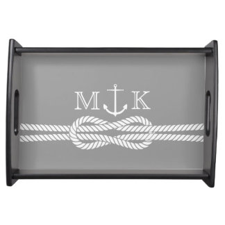 Nautical Rope and Anchor Monogram in Gray Serving Tray