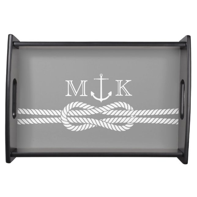 Nautical Rope and Anchor Monogram in Gray Serving Tray (Front)