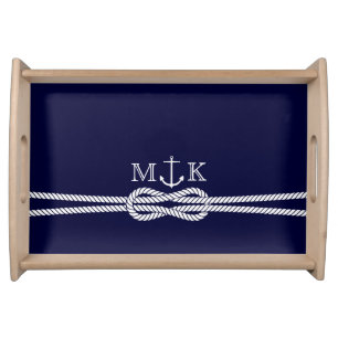 Nautical Rope and Anchor Monogram in Navy Serving Tray