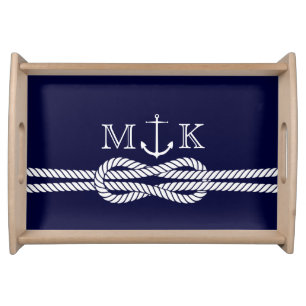 Nautical Rope and Anchor Monogram in Navy Serving Tray