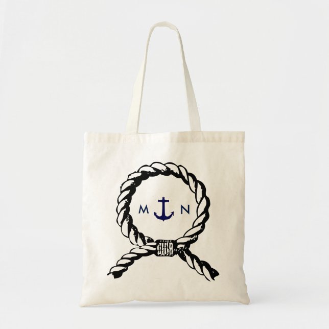 Nautical Rope and Navy Blue Anchor Monogrammed Tote Bag (Front)