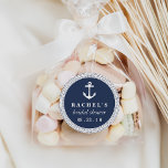 Nautical Rope Braid Bridal Shower Classic Round Sticker<br><div class="desc">Classic nautical style bridal shower stickers feature a white braided rope border and a ship's anchor illustration on a rich navy blue background,  with your custom text -- guest of honor's name,  event type,  and date. Matches our Nautical Rope Braid bridal shower invitations and accessories.</div>