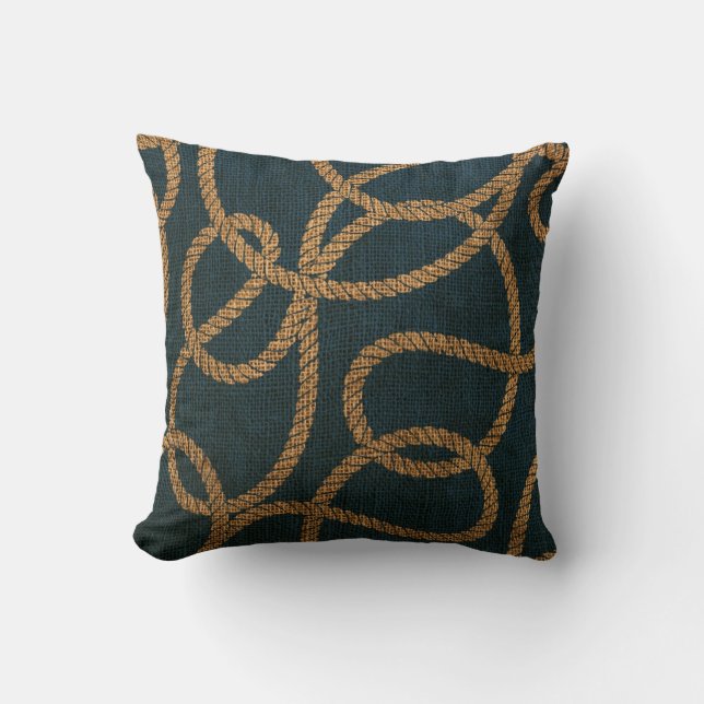 Nautical Rope Deep Sea Blue Throw Pillow (Front)