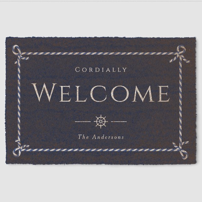 Nautical Rope Formal Welcome Navy Fiber Doormat (Front)