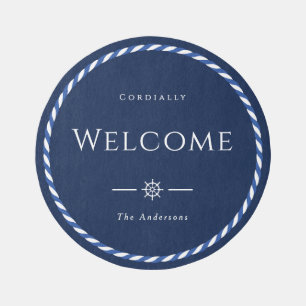 Nautical Rope Formal Welcome Navy Outdoor Rug