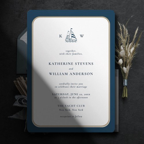 Nautical Rope Frame Navy White Monograms Wedding Invitation