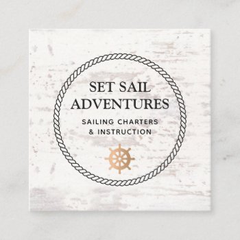 Nautical Rope Gold Ship Helm White Wood Square Business Card by sm_business_cards at Zazzle
