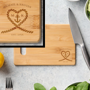 Nautical Rope Heart Anchor Monogram Wedding Engraved Cutting Board