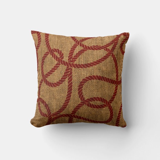 Nautical Rope in Natural and Rustic Red Throw Pillow (Front)