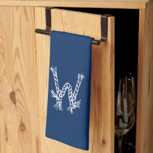 Nautical rope knots blue white custom monogram kitchen towel
