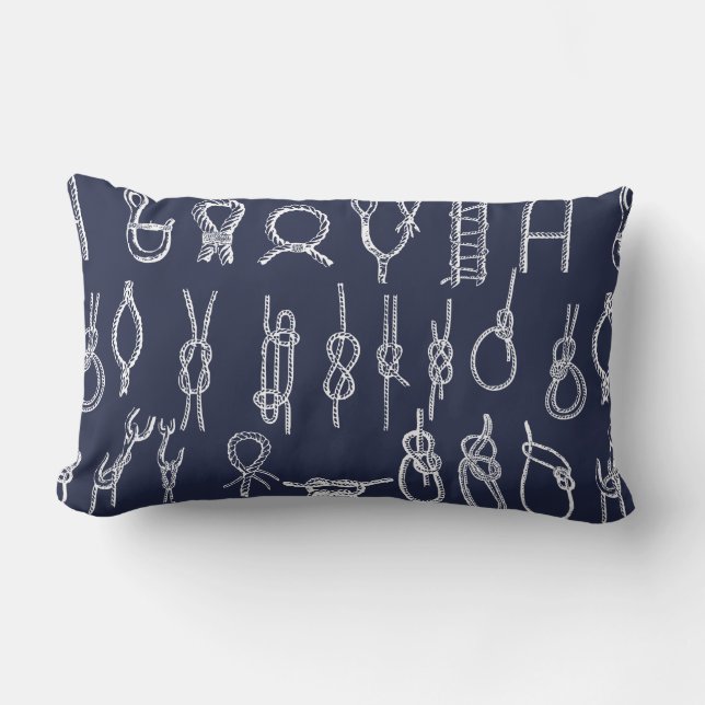 Nautical Rope Knots Navy Blue & Family Name Lumbar Pillow (Front)