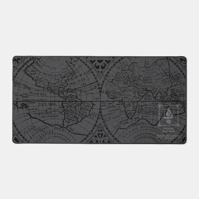 Nautical Rope Monogram Black Grey Map Desk Mat (Front)