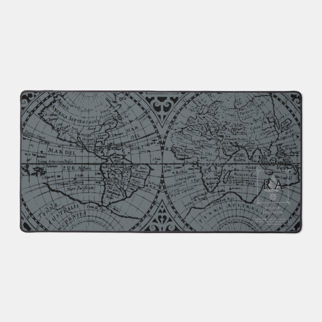 Nautical Rope Monogram Grey Black Map Desk Mat (Front)