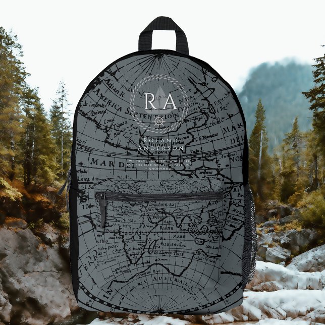 Nautical Rope Monogram Map Black Grey Printed Backpack (Nautical Map Monogram Traveller Grey Backpack.)