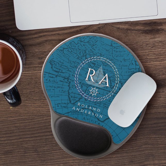 Nautical Rope Monogram Map Blue Gel Mouse Pad (Nautical Map Monogram Blue Gel Mouse Pad.)
