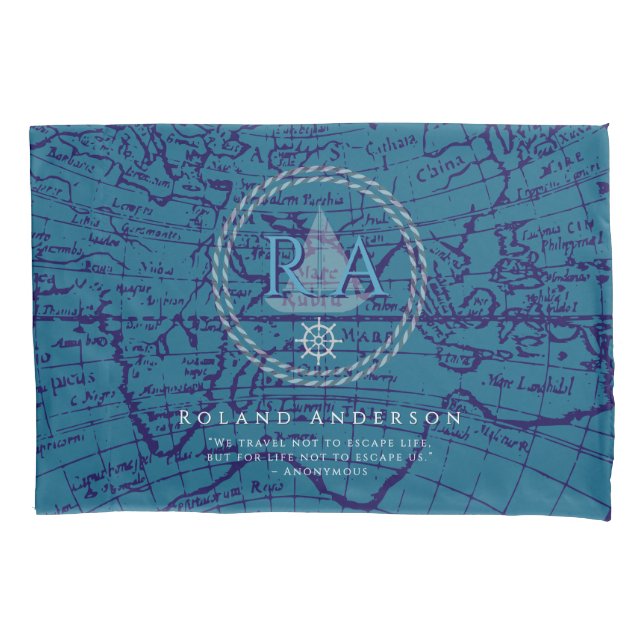 Nautical Rope Monogram Map Blue Pillow Case (Front)