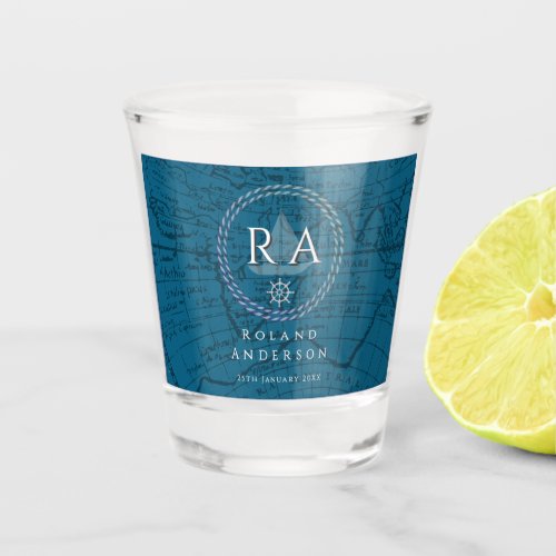 Nautical Rope Monogram Map Blue Shot glass