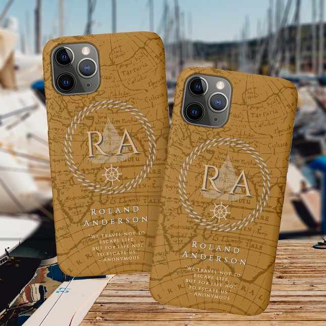 Nautical Rope Monogram Map Brown Case-Mate iPhone Case (Nautical Map Monogram Traveller Brown iPhone Case.)