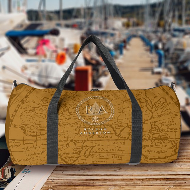 Nautical Rope Monogram Map Brown Duffle Bag (Nautical Map Monogram Traveller Brown Duffle Bag.)