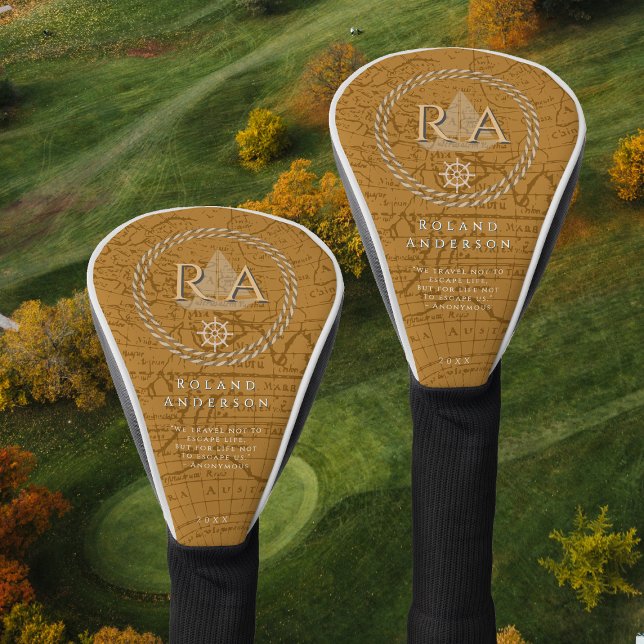 Nautical Rope Monogram Map Brown Golf Head Cover (Nautical Map Monogram Traveller Brown Golf Head Cover.)