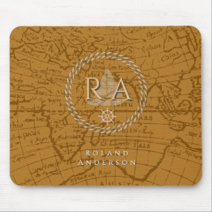 Nautical Rope Monogram Map Brown Mouse Pad