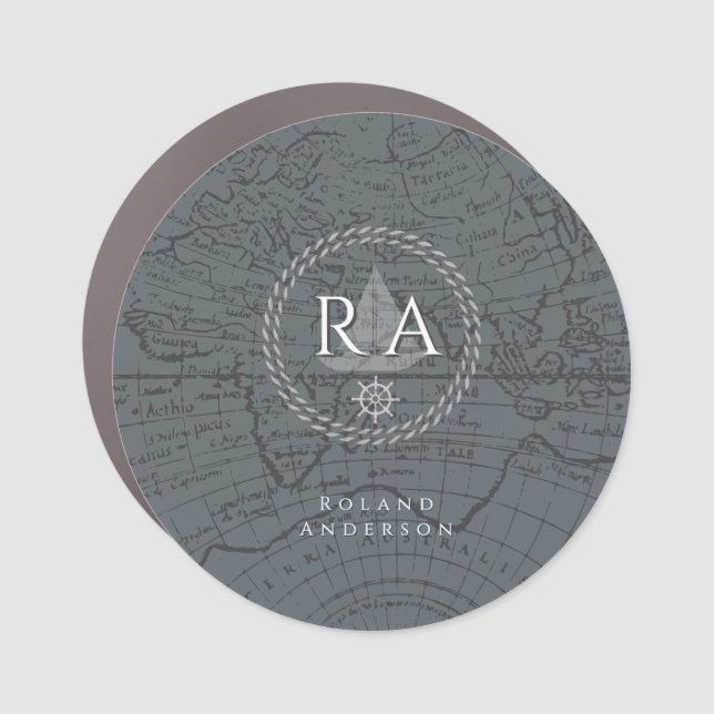 Nautical Rope Monogram Map Grey Car Magnet (Front)