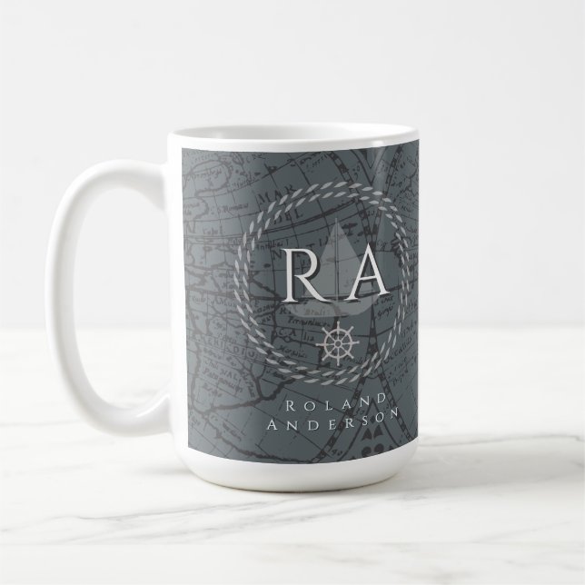 Nautical Rope Monogram Map Grey Coffee Mug (Left)