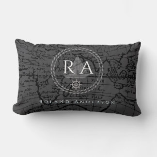 Nautical Rope Monogram Map Grey Lumbar Pillow