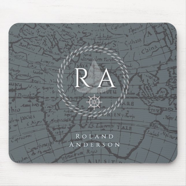 Nautical Rope Monogram Map Grey Mouse Pad (Front)