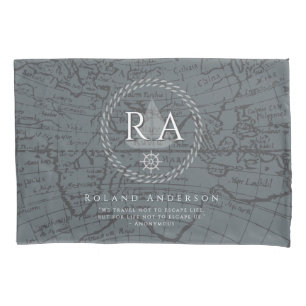 Nautical Rope Monogram Map Grey Pillow Case
