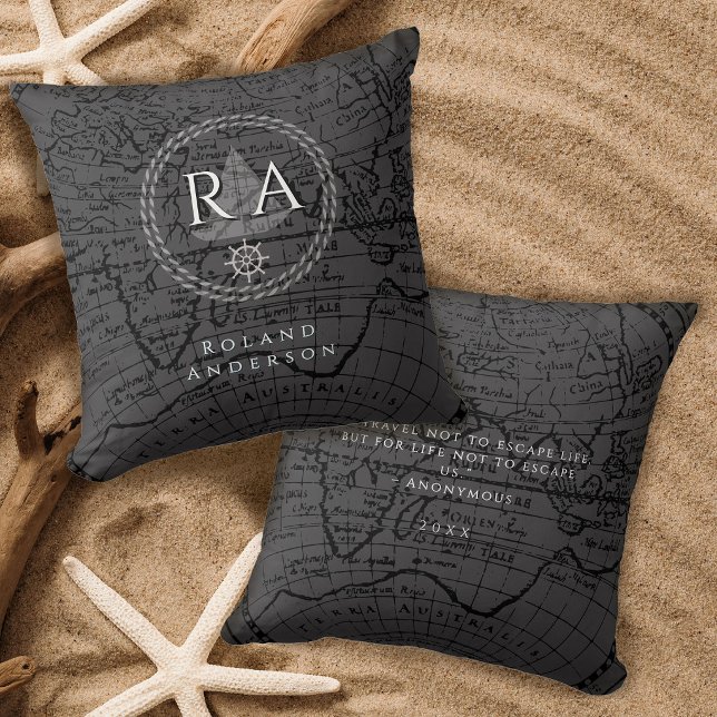 Nautical Rope Monogram Map Grey Throw Pillow (Nautical Rope Monogram Map Grey Throw Pillow)