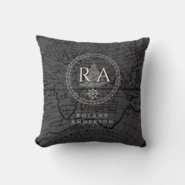 Nautical Rope Monogram Map Grey Throw Pillow (Front)